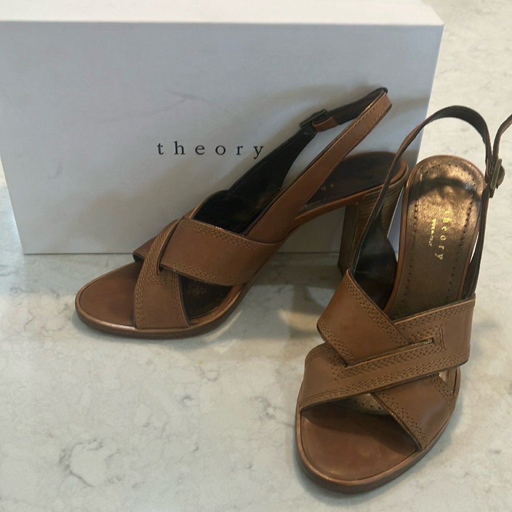 Theory Paola Tan Nappa Leather Slingback Sandals W/‎ Stacked Heel Sz 37.5- EUC